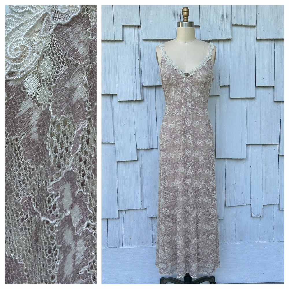 Claire Pettibone Vintage Mauve Floral Lace Maxi Slip Dress Womens Small Rare